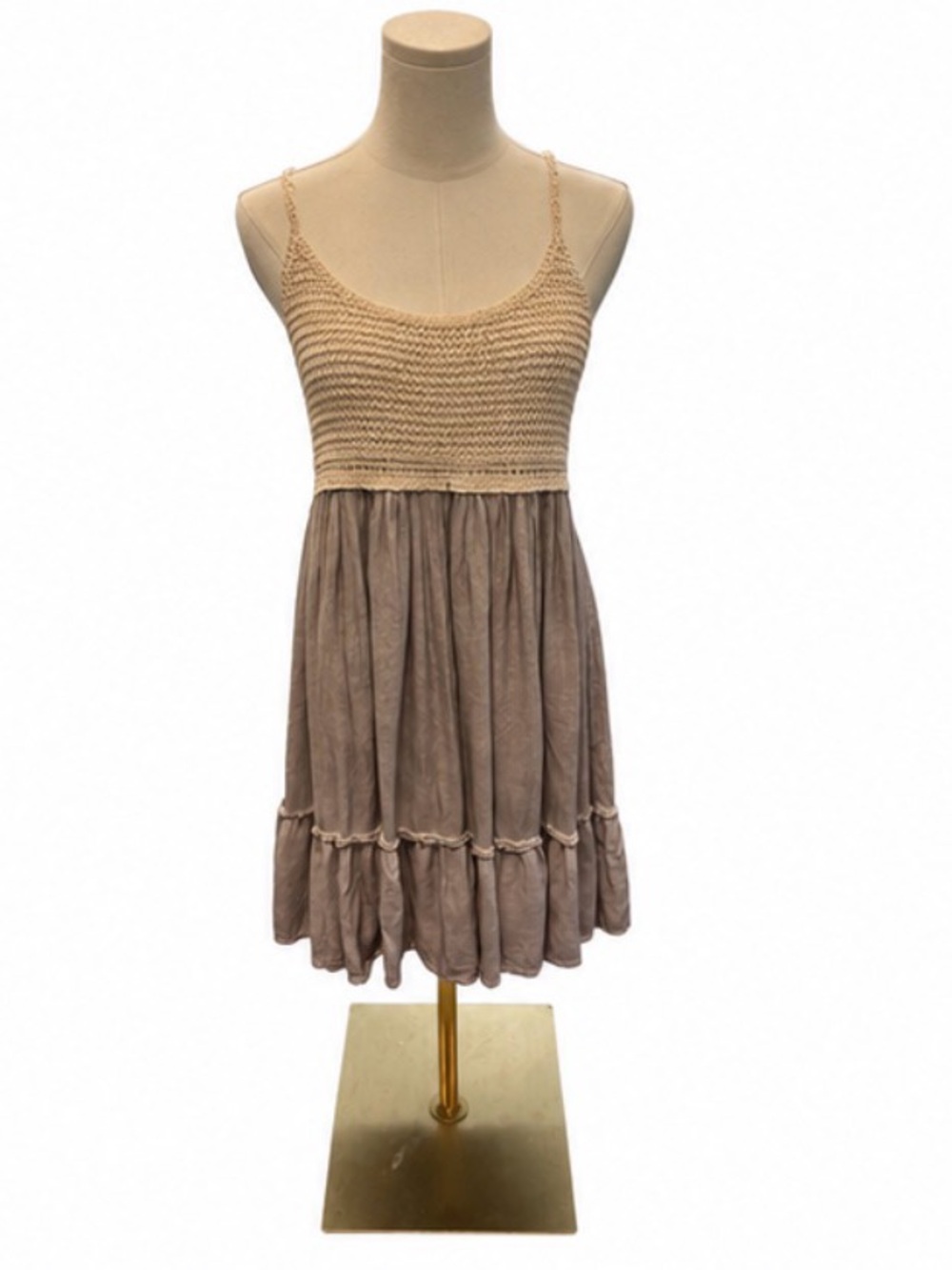 Entro Crochet Bodice Tiered Mini Dress Size Medium Taupe Boho